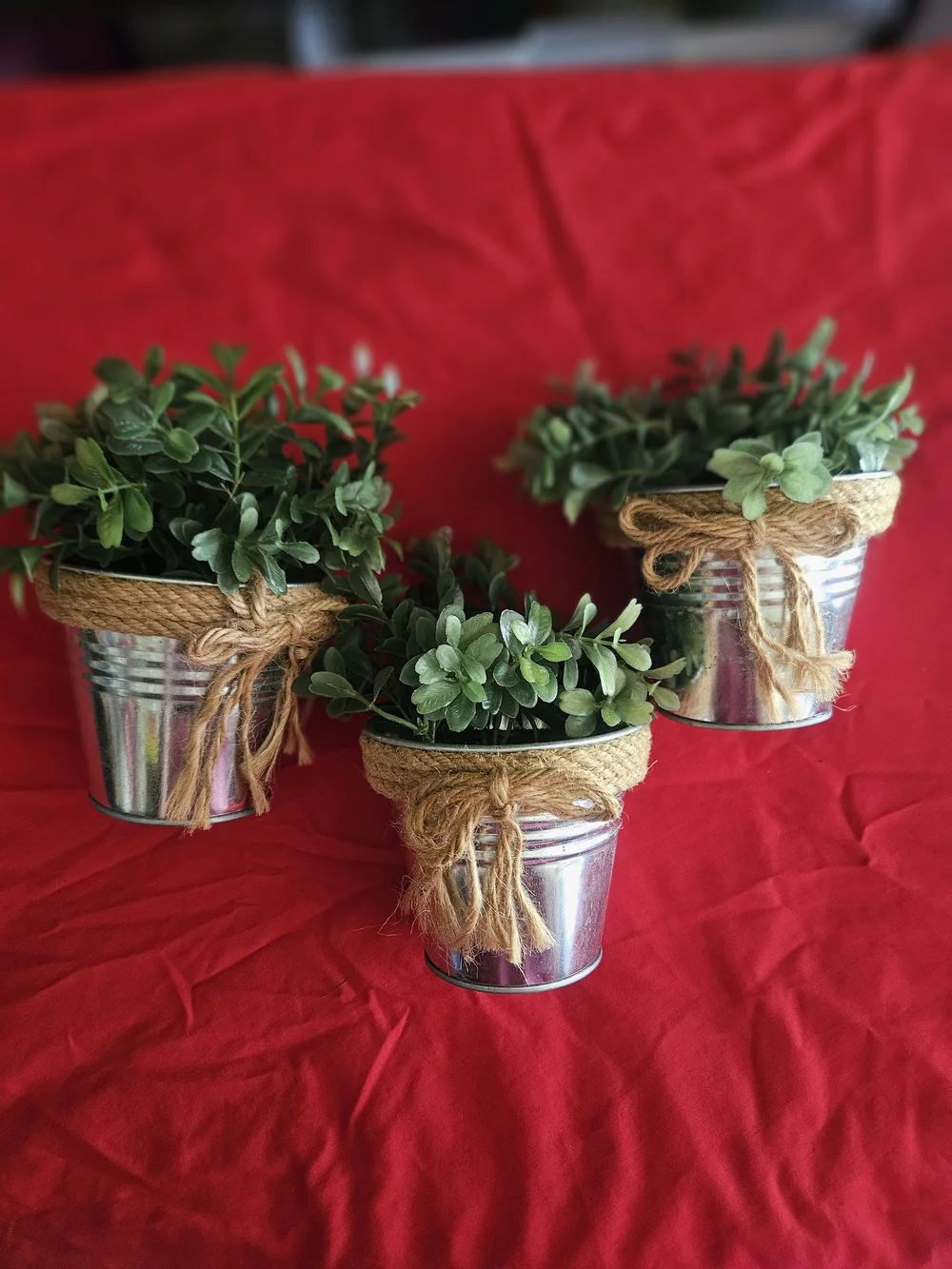 Hobby Lobby Green Faux Boxwood in Twine-Trimmed Silver Buckets